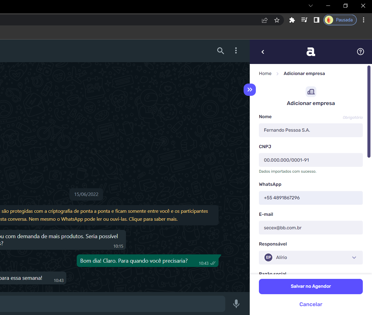 Na imagem, você vê como adicionar um contato pela extensão web do google Chrome do Agendor
