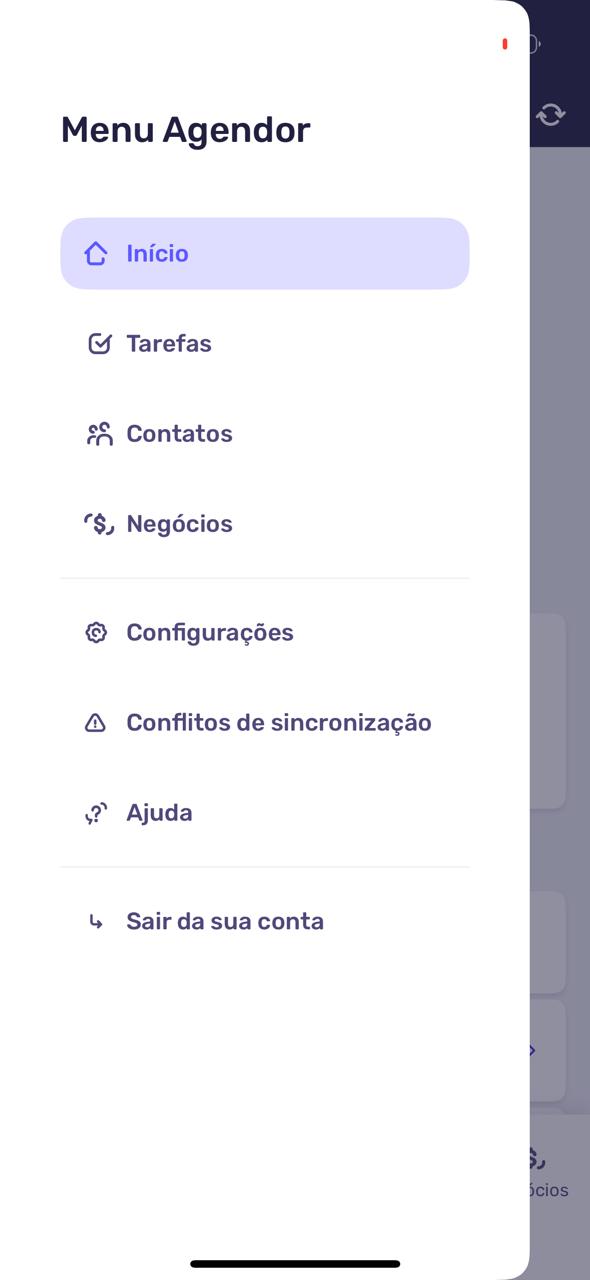 Tela do menu do aplicativo do Agendor CRM
