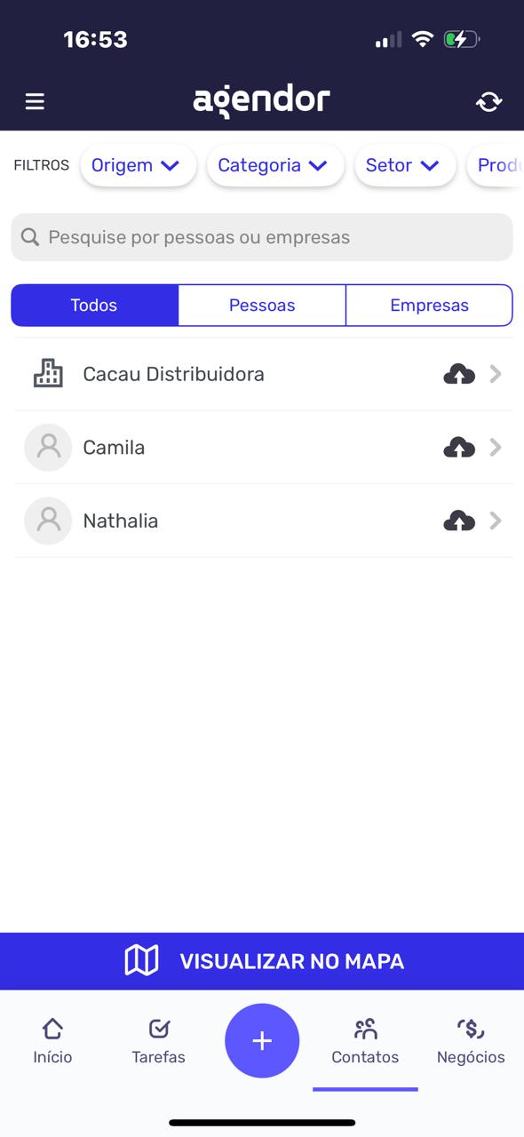 Tela do app do Agendor CRM que mostra os clientes cadastrados