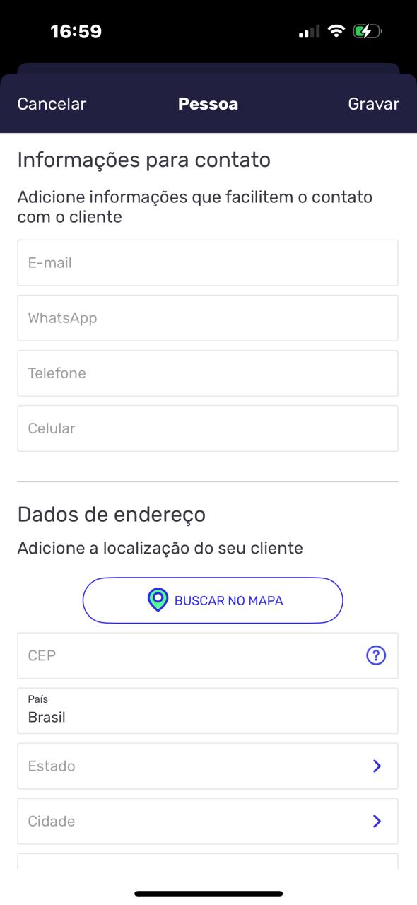 Tela do aplicativo do Agendor CRM com os campos para cadastro de clientes