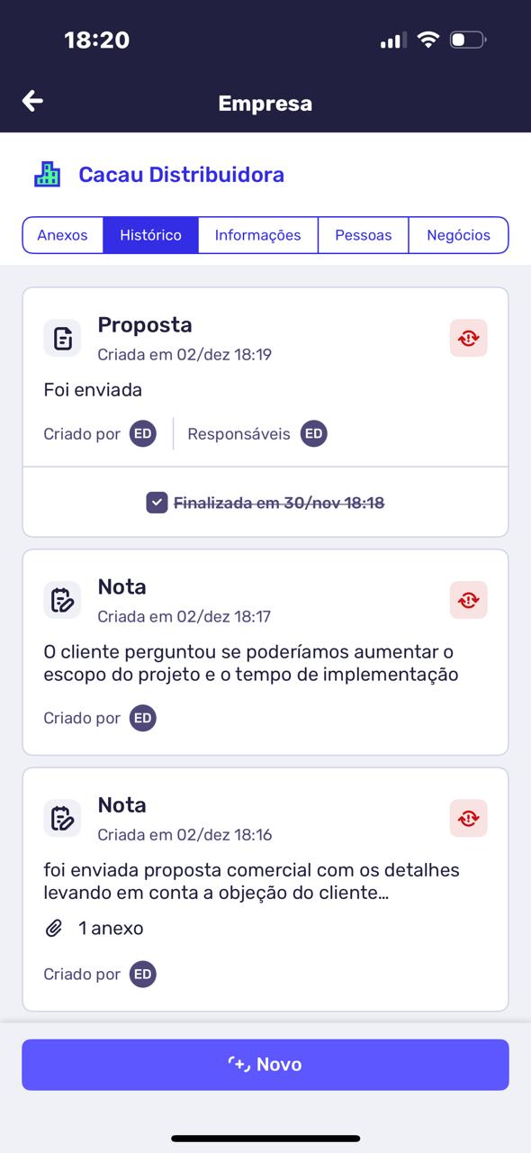 Tela do Agendor CRM mostrando o histórico do cliente Cacau Distribuidora