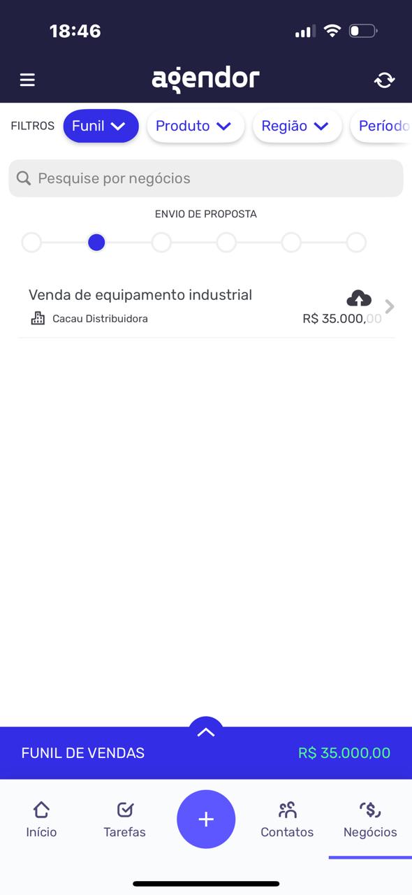 Tela do Agendor CRM mostrando om funil de vendas na etapa de proposta