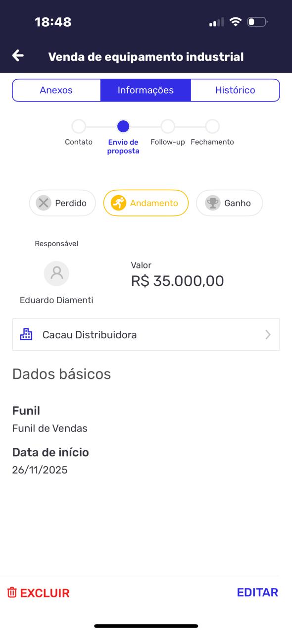 Tela do Agendor CRM evidenciando as informações de uma negociação em andamento.
