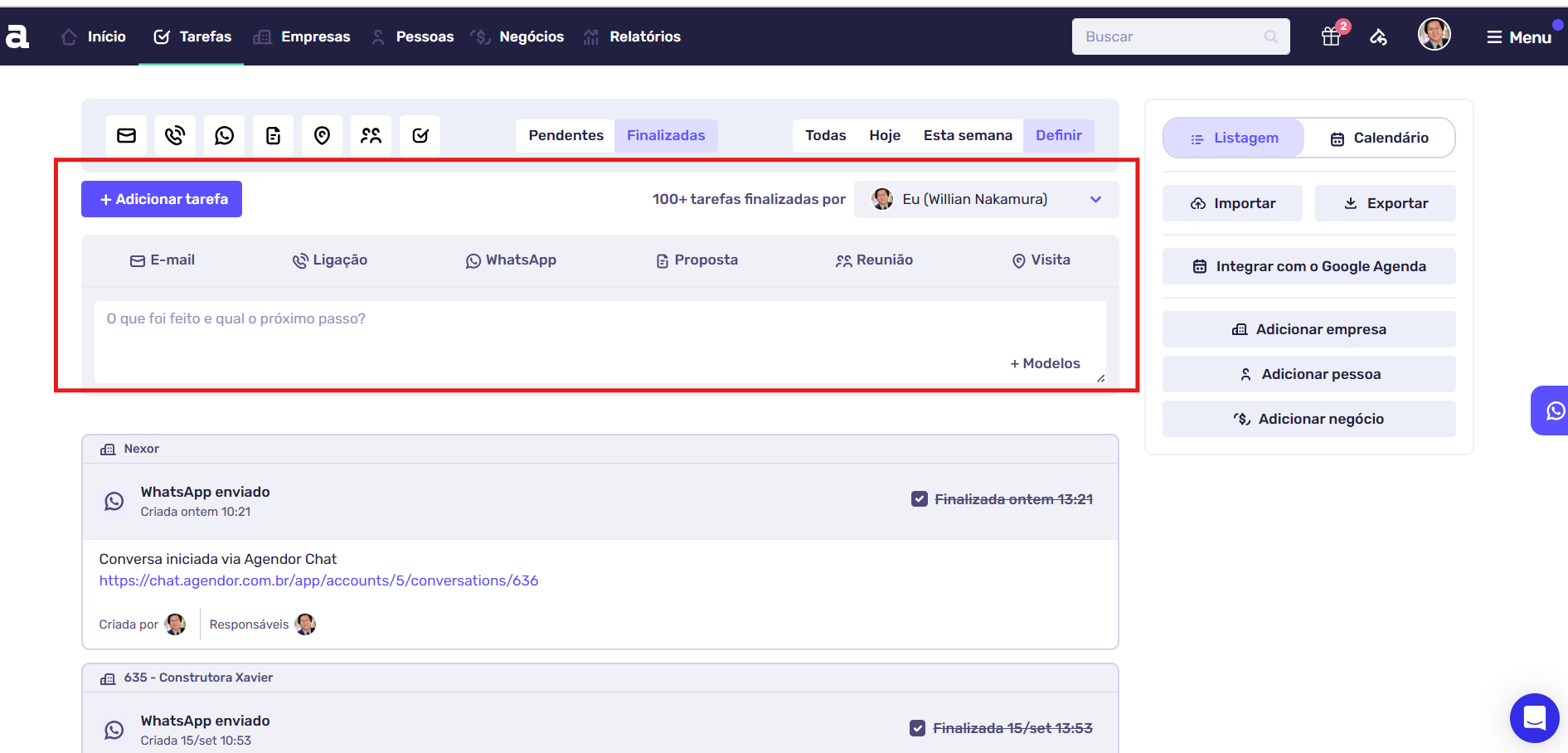 Tela do Agendor destacando a área de adicionar tarefa, com opções de e-mail, ligação, WhatsApp, proposta, reunião e visita