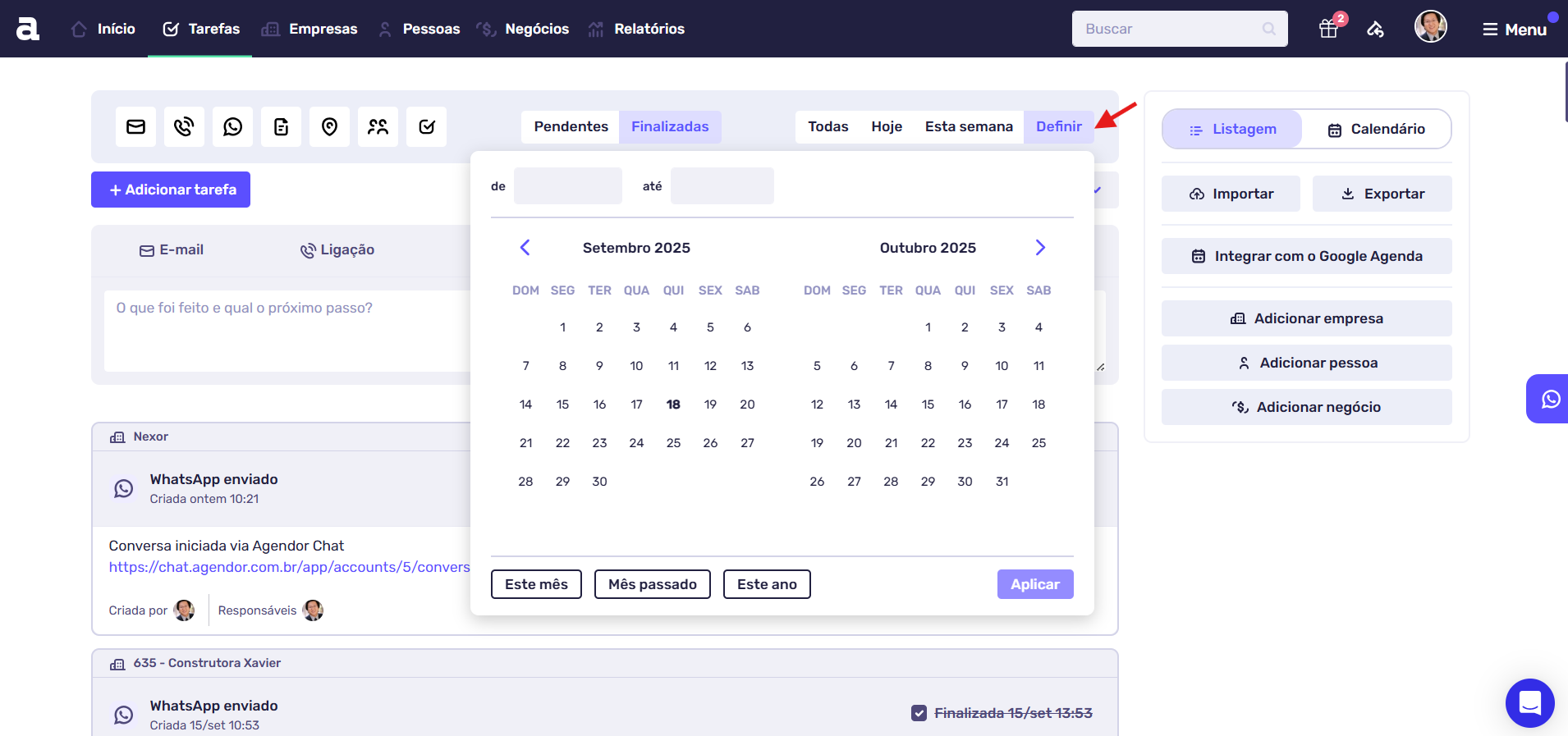 Tela do Agendor exibindo calendário para filtragem de tarefas finalizadas, com opção de selecionar período personalizado.