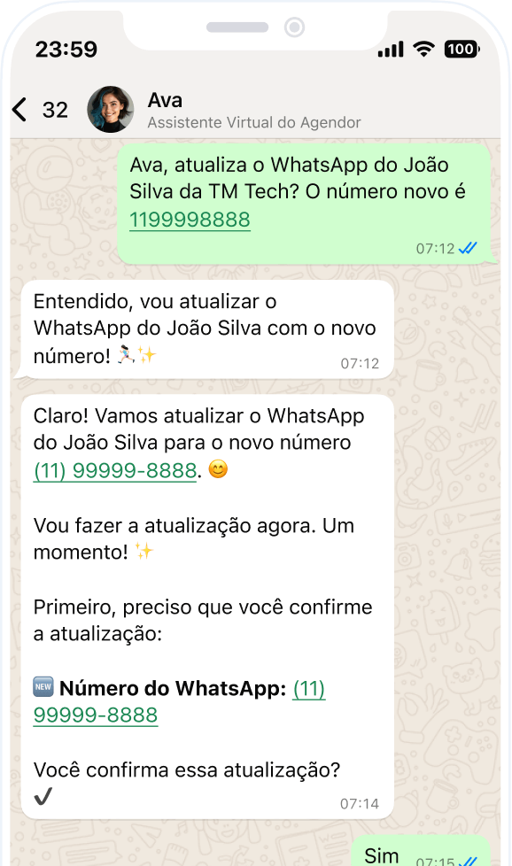 Conversa com a Ava no WhatsApp mostrando a assistente pedindo confirmação antes de atualizar o cadastro de um contato no CRM