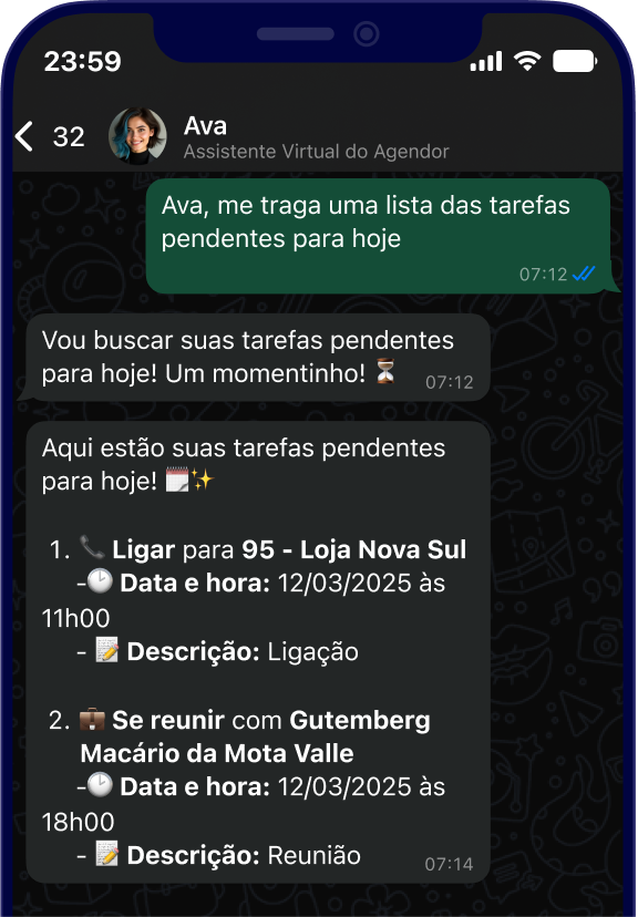 Conversa com a Ava no WhatsApp mostrando a assistente listando as tarefas pendentes do dia com horários e descrições diretamente no chat