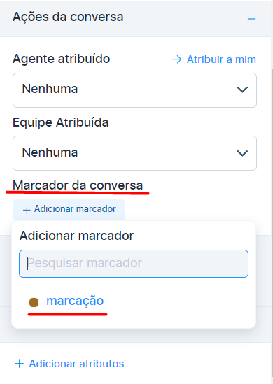 Painel lateral do Agendor Chat com as seções "Ações da conversa", mostrando campos de agente atribuído e equipe atribuída. Destaque para o campo "Marcador da conversa" com a opção de pesquisar e adicionar marcadores à conversa.