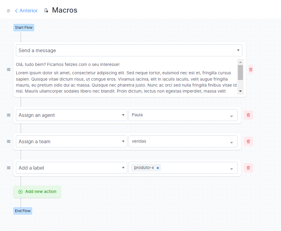 Tela de configuração de Macros no Agendor Chat exibindo um fluxo de ações encadeadas: envio de mensagem automática, atribuição de agente (Paula), atribuição de equipe (vendas) e adição de marcador (produto-x). Fluxo visual do tipo "Start Flow" ao "End Flow" com opção de adicionar novas ações.