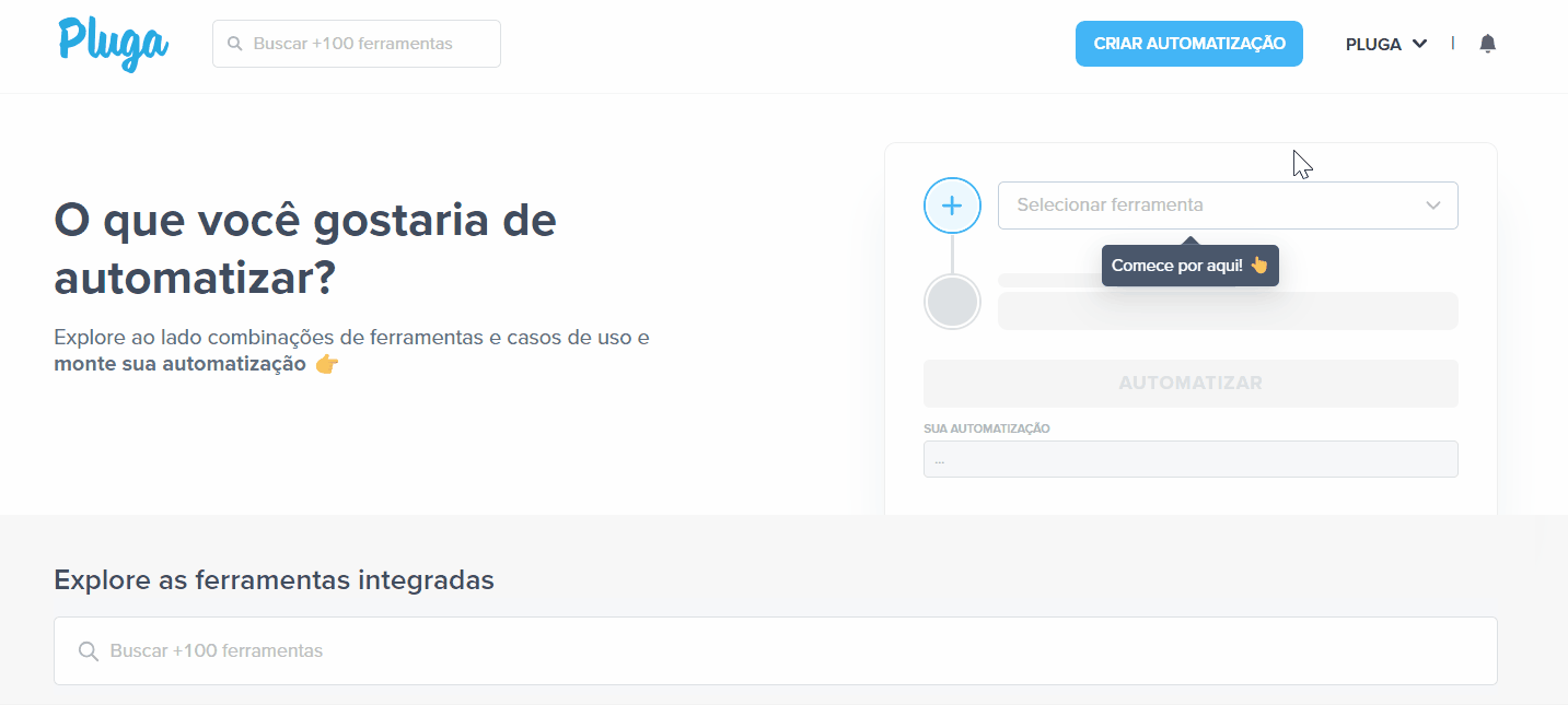 Interface da plataforma Pluga para criar automatizações entre ferramentas de vendas, com campo de seleção de integrações e botão "Automatizar".