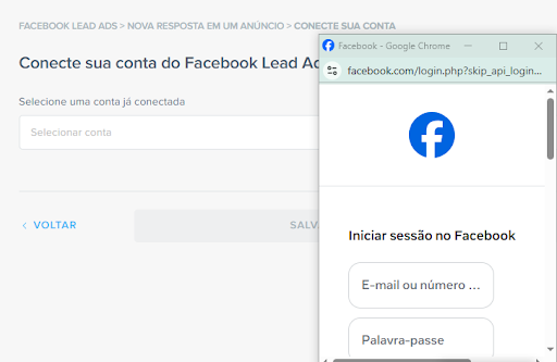 Janela de login do Facebook abrindo automaticamente para o usuário autorizar a conexão entre sua conta de anúncios e a automação que está criando.