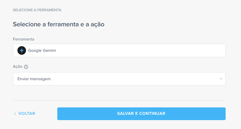 Tela onde o usuário define que o Google Gemini será a ferramenta responsável por enviar uma mensagem automaticamente quando um novo lead chegar.