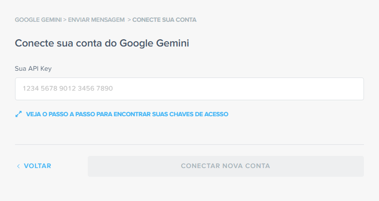 Tela de conexão onde o usuário cola a chave de acesso da sua conta do Google Gemini para autorizar a integração com a automação.