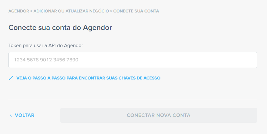 Tela de conexão onde o usuário cola o token da sua conta do Agendor para autorizar que a automação registre negócios no CRM automaticamente.