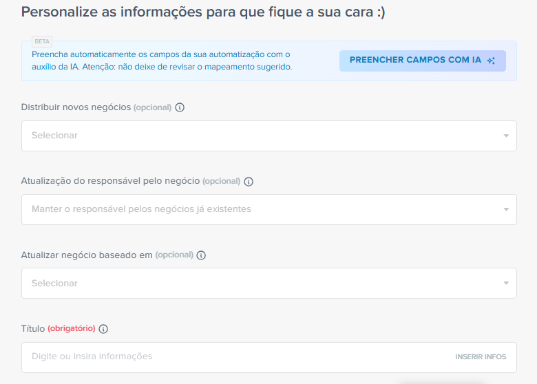 Tela de personalização onde o usuário configura como cada novo lead será registrado no Agendor, com opção de deixar a IA preencher os campos automaticamente.