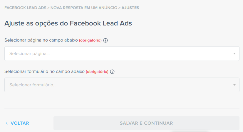 Passo 06 da automação com a Pluga: Ajuste as opções do Facebook Leads Ads
