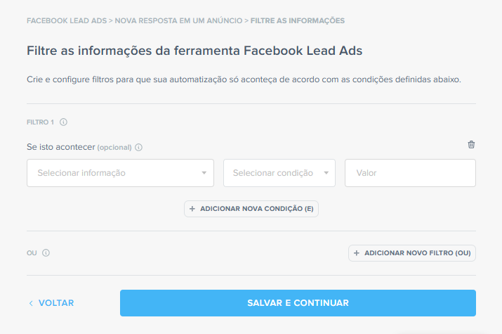 Passo 07 da automação da Pluga, Agendor e Claude: Filtre as informações da ferramenta Facebook Leads Ads