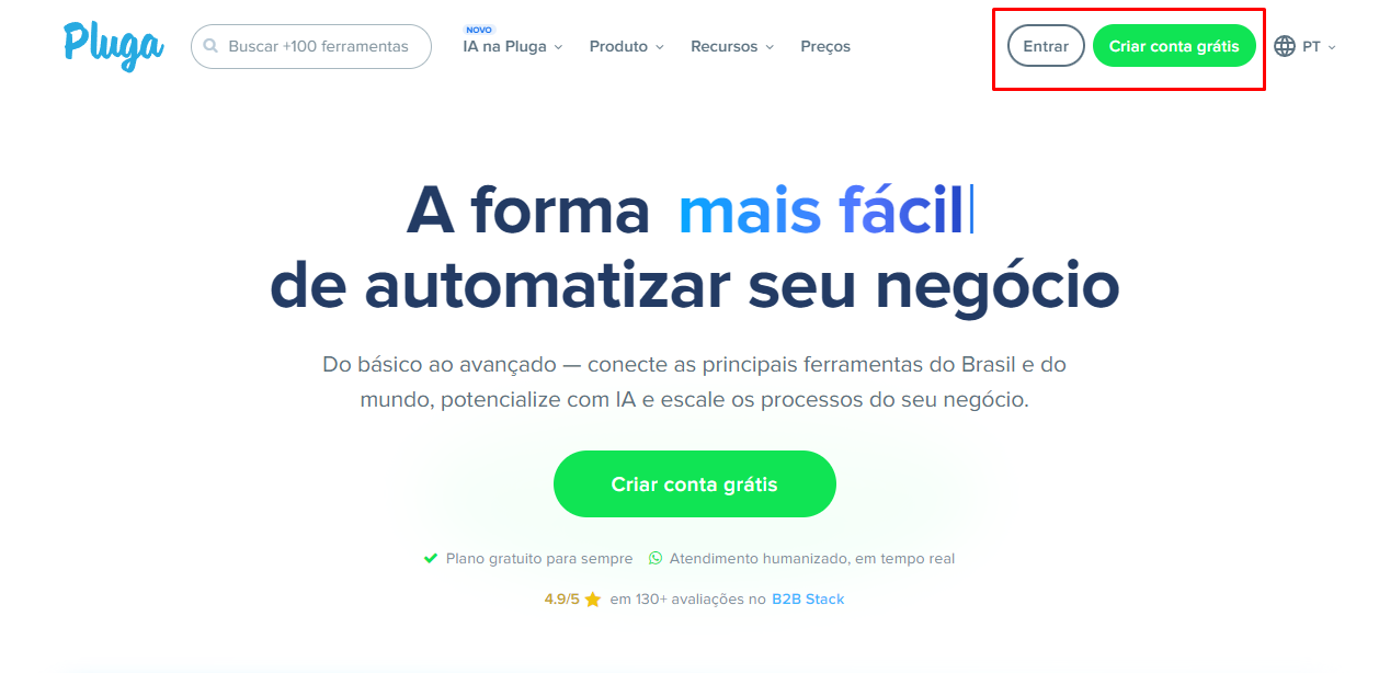 Tela inicial do site da Pluga